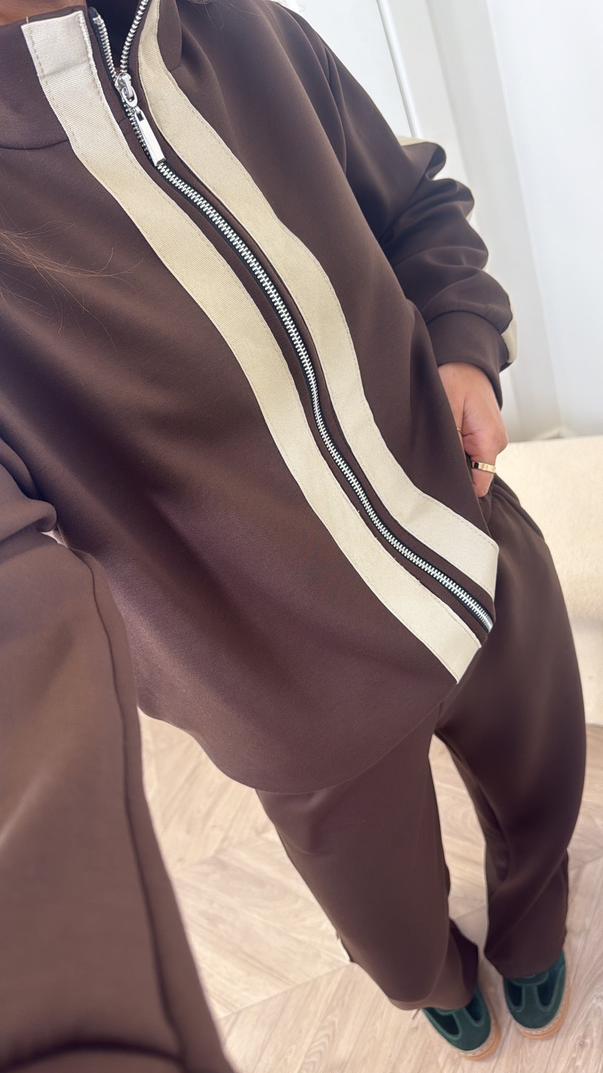 ORLA brown contrast stripe jacket and joggers tracksuit