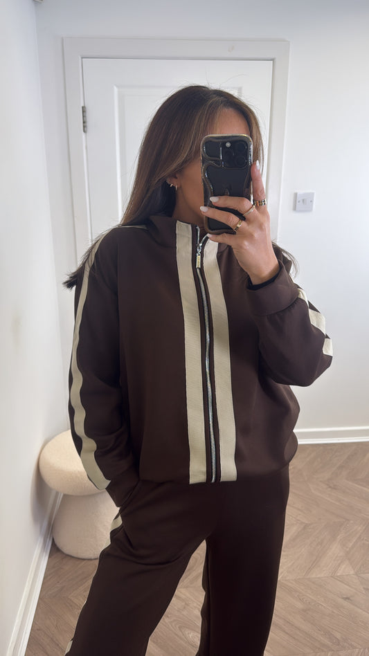 ORLA brown contrast stripe jacket and joggers tracksuit