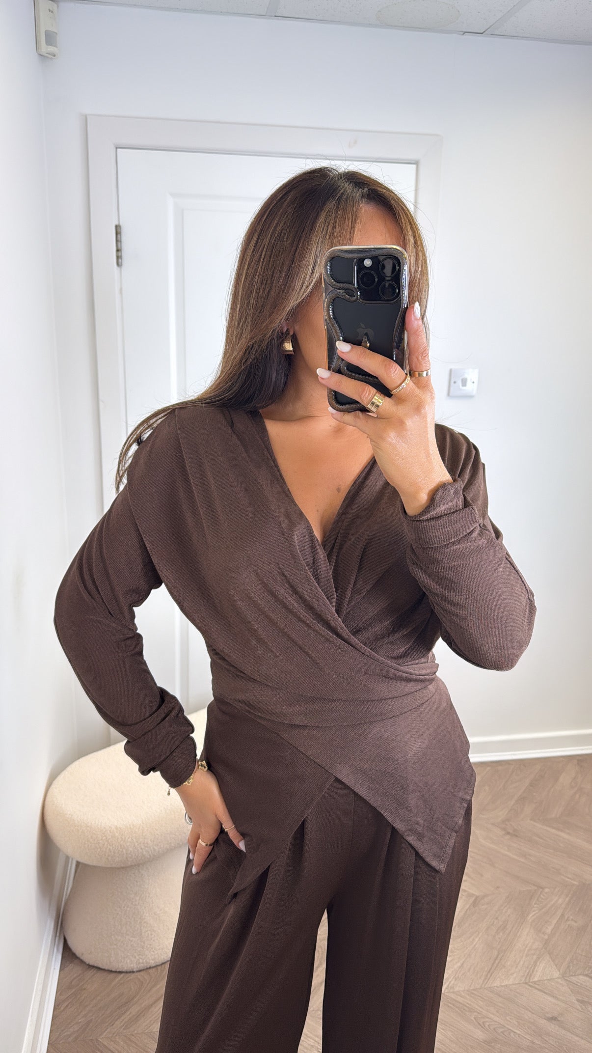 LARA brown slinky wrap front co-ord with shoulder pads