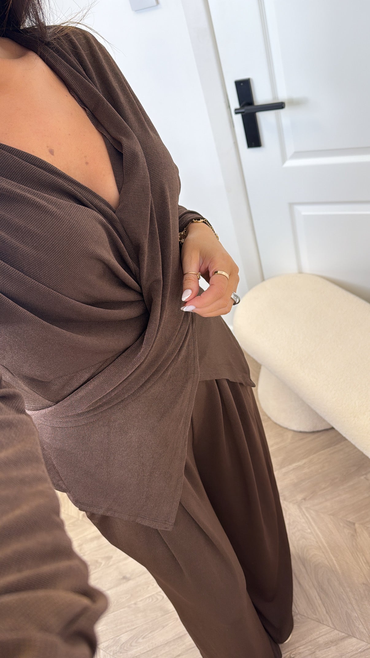 LARA brown slinky wrap front co-ord with shoulder pads