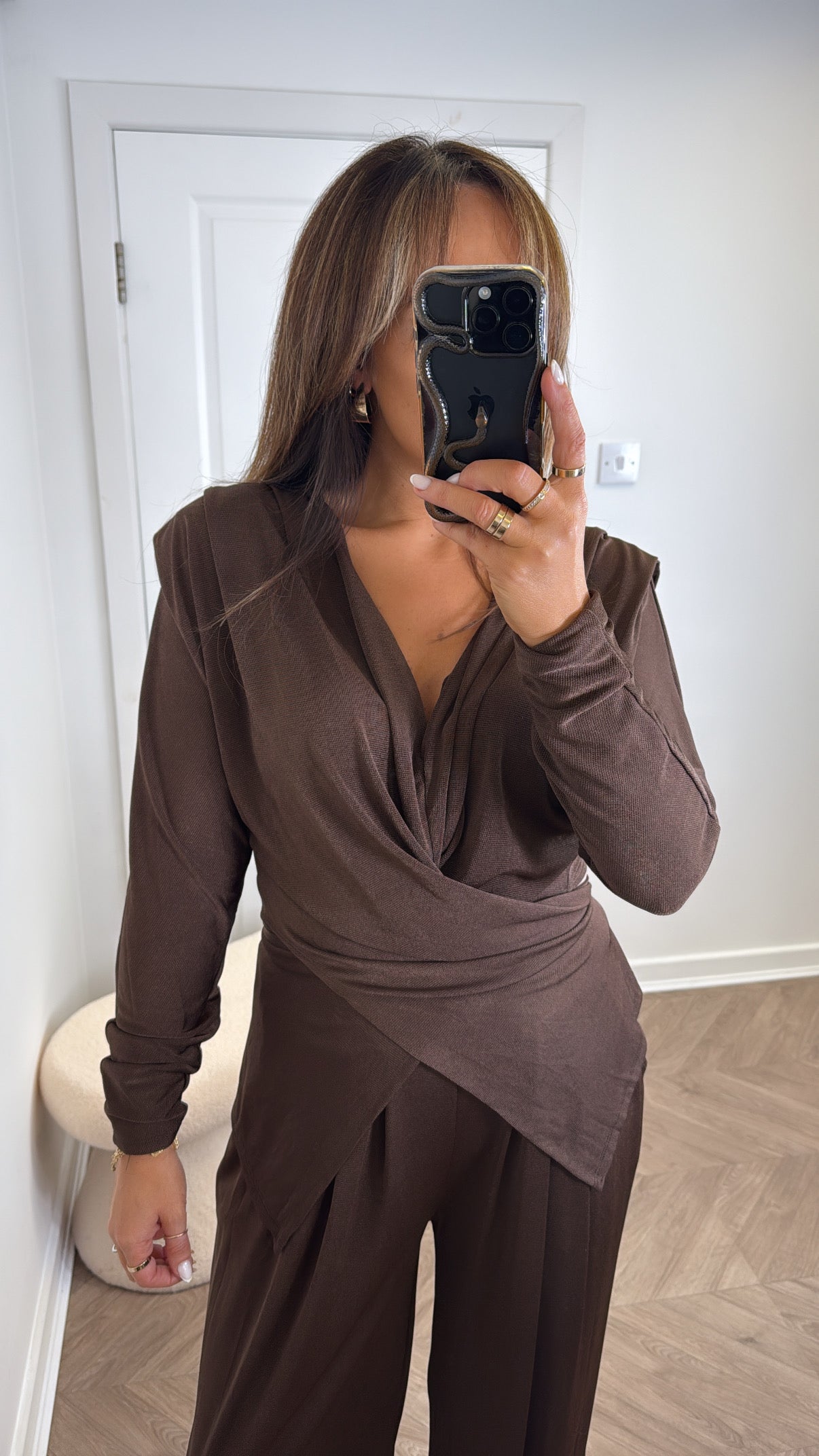 LARA brown slinky wrap front co-ord with shoulder pads