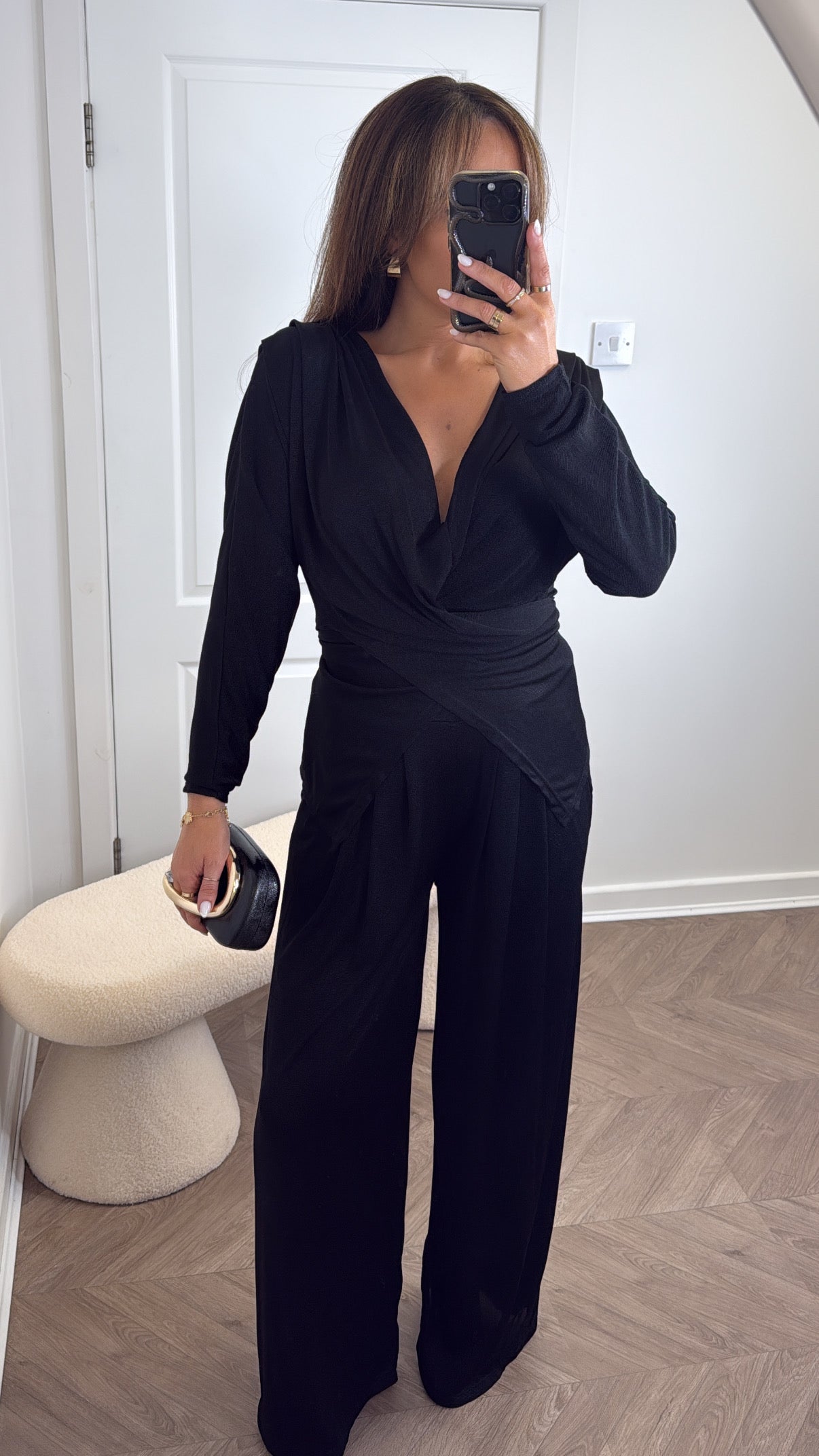 LARA black slinky wrap front co-ord with shoulder pads