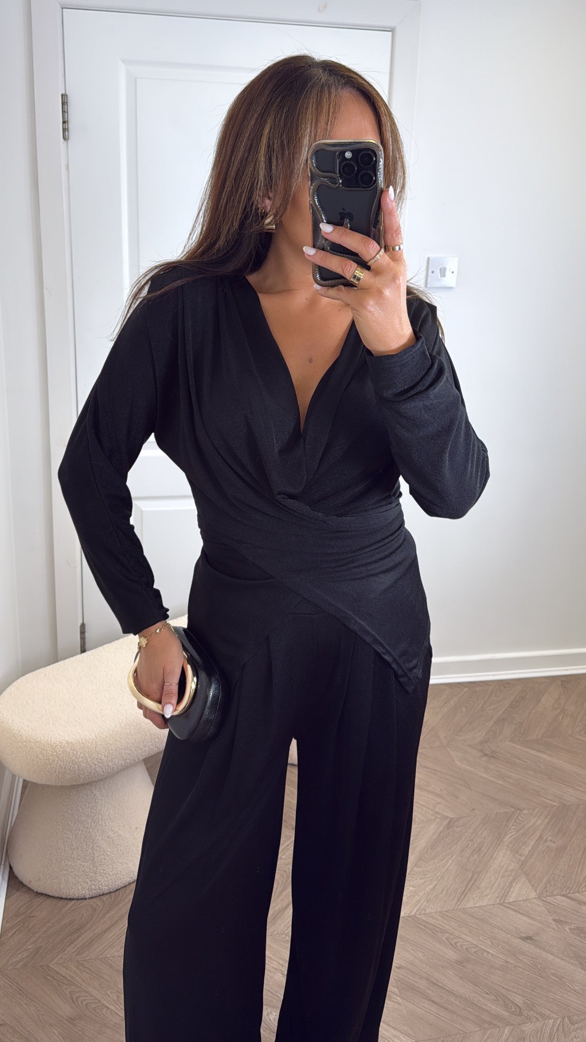 LARA black slinky wrap front co-ord with shoulder pads