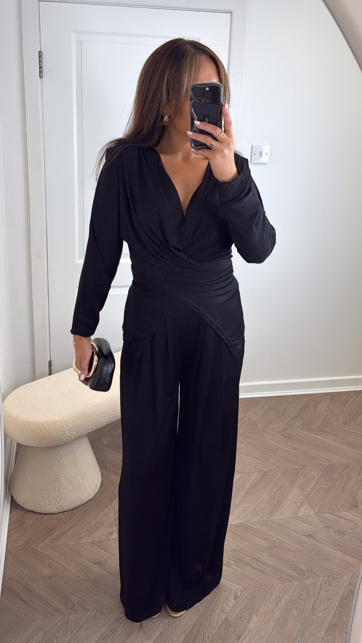 LARA black slinky wrap front co-ord with shoulder pads