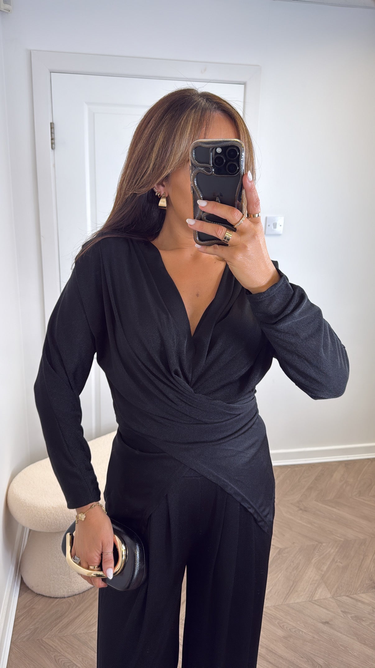 LARA black slinky wrap front co-ord with shoulder pads