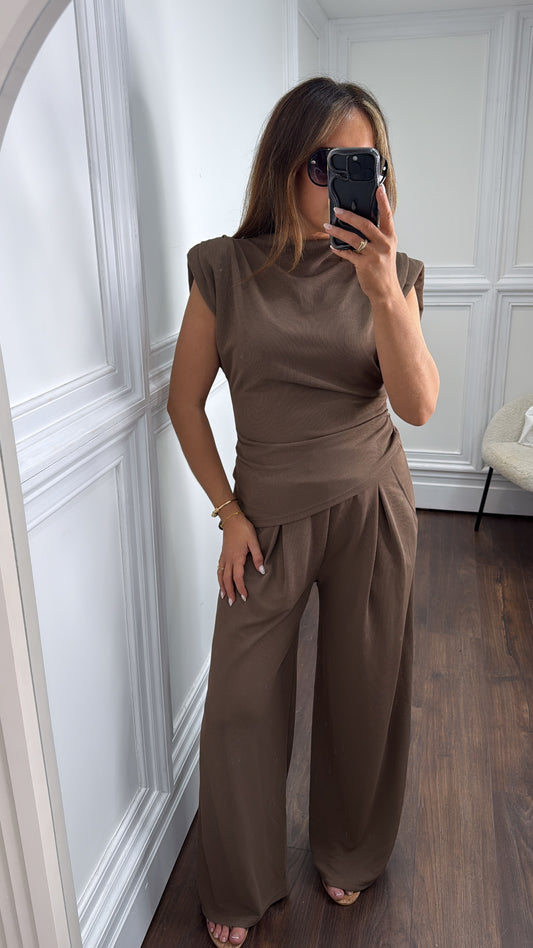 AMERIA chocolate brown asymmetric top and trousers co-ord