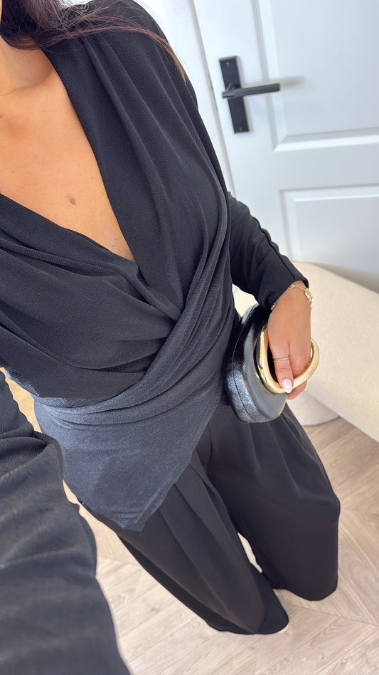 LARA black slinky wrap front co-ord with shoulder pads