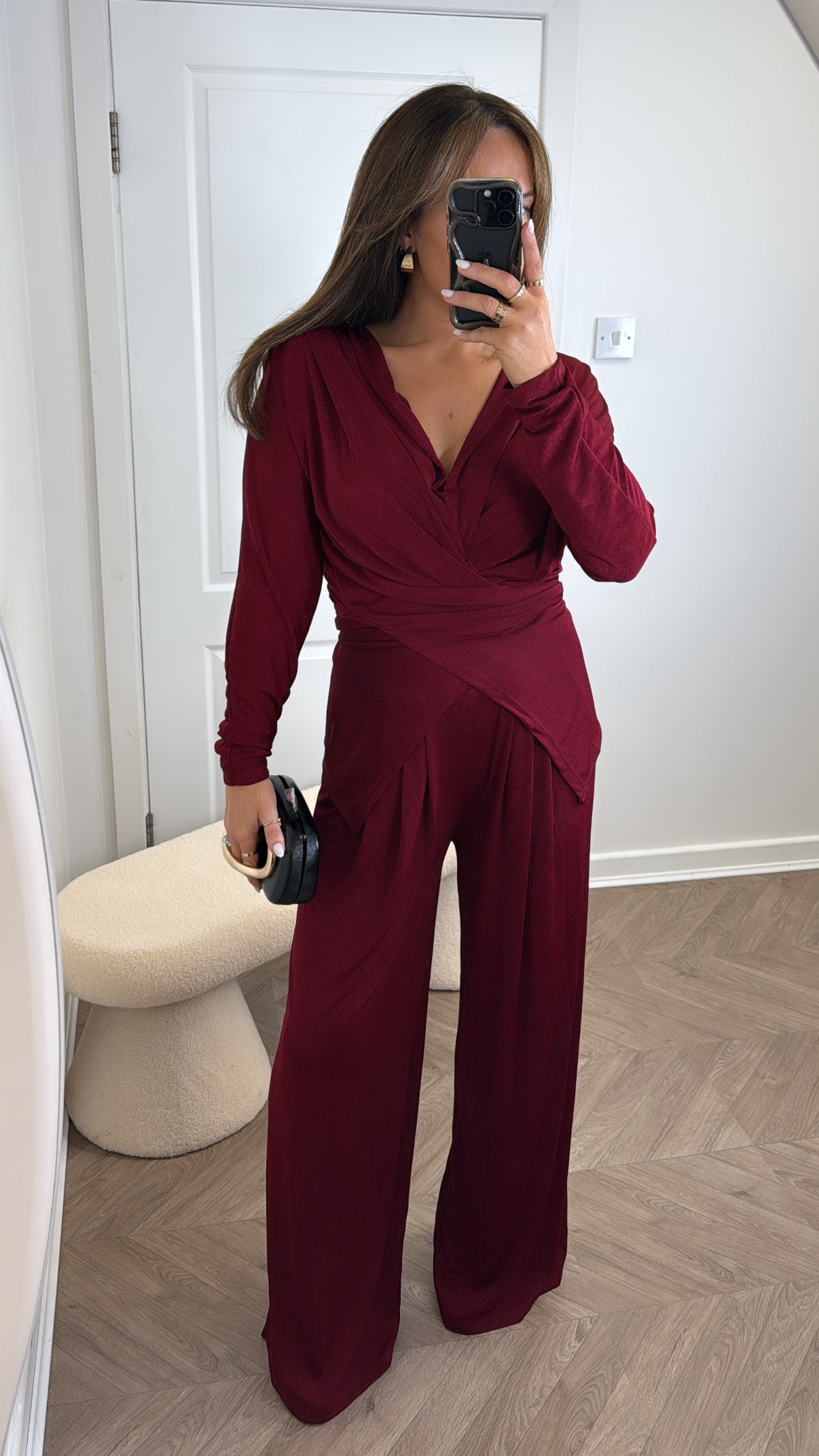 LARA burgundy slinky wrap front co-ord with shoulder pads