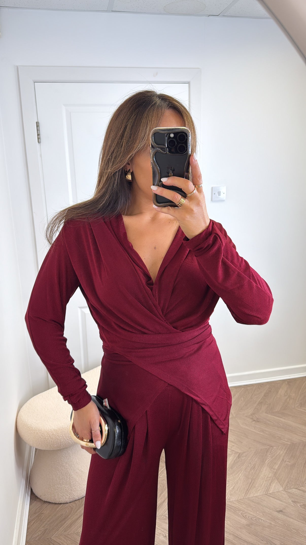 LARA burgundy slinky wrap front co-ord with shoulder pads