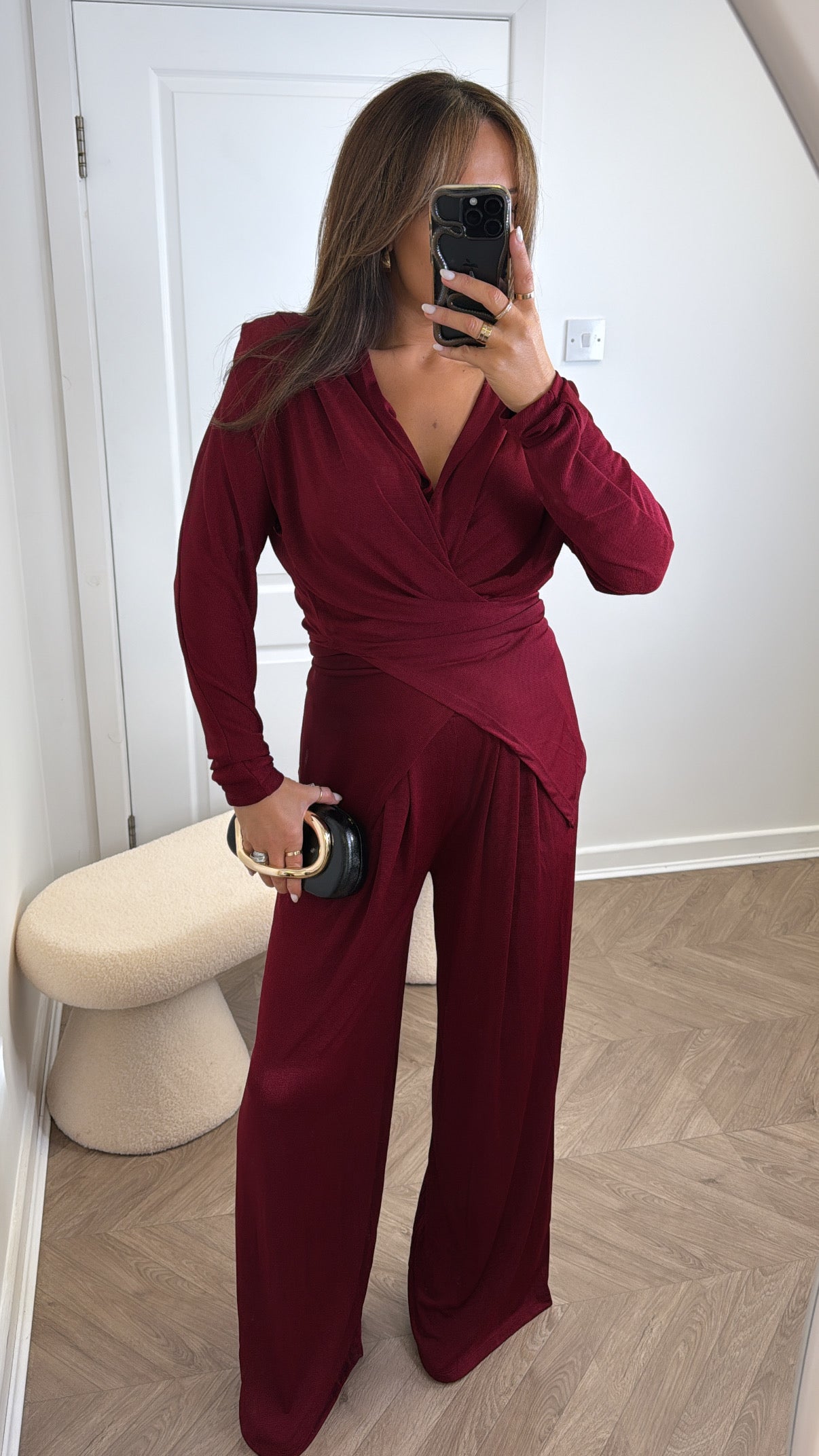 LARA burgundy slinky wrap front co-ord with shoulder pads