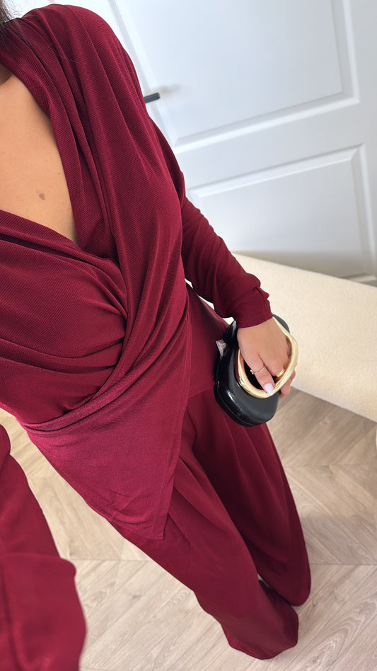 LARA burgundy slinky wrap front co-ord with shoulder pads