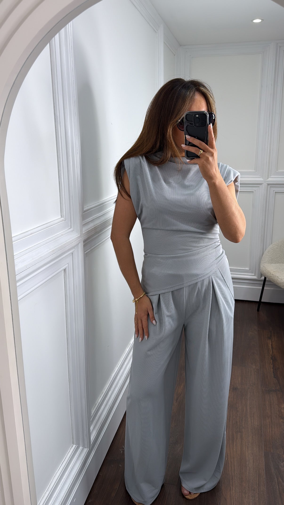 AMERIA light grey asymmetric top and trousers co-ord