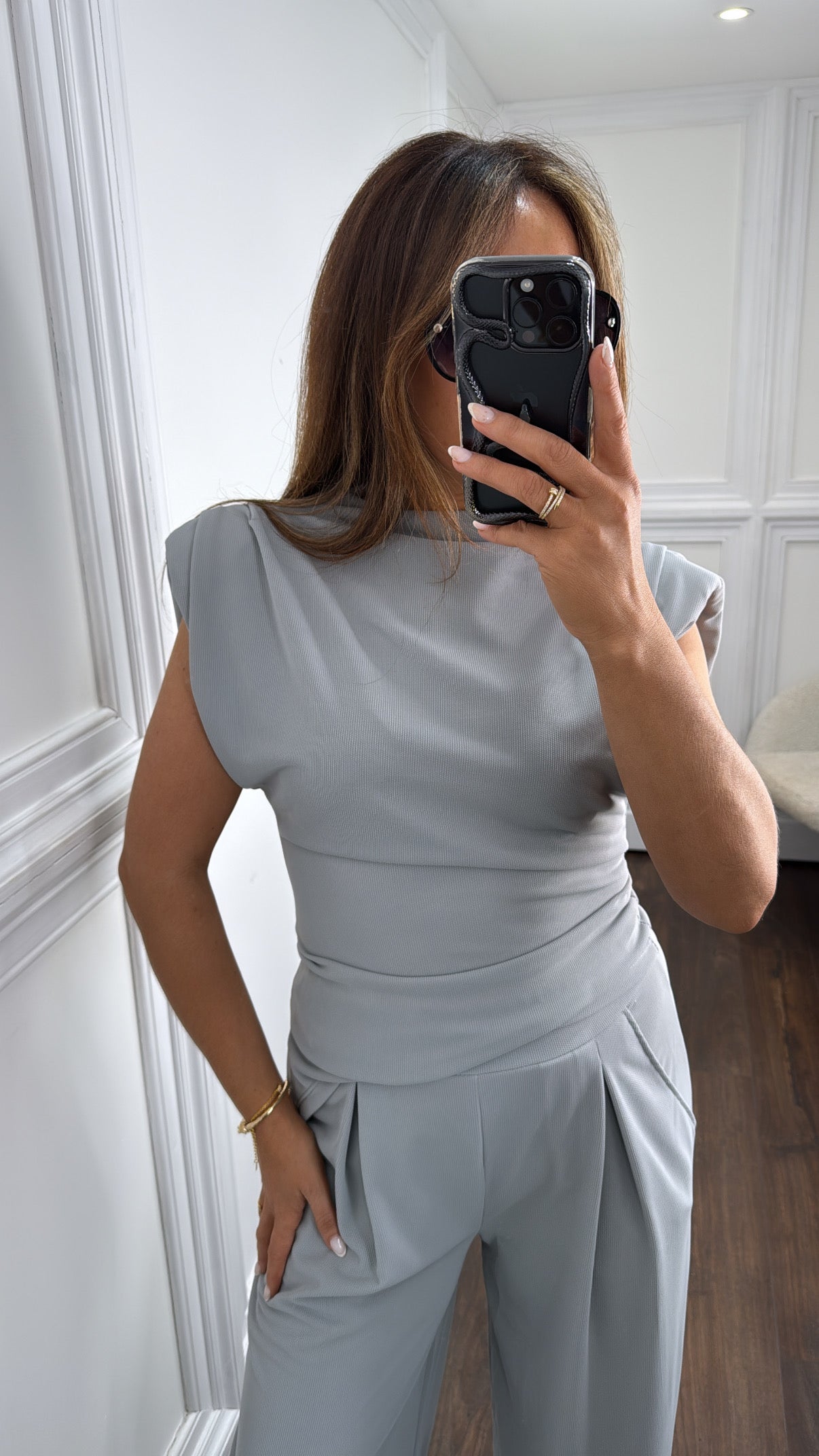 AMERIA light grey asymmetric top and trousers co-ord