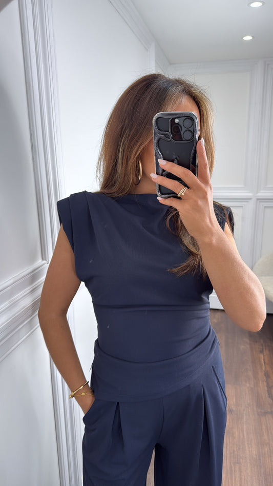 AMERIA navy asymmetric top and trousers co-ord