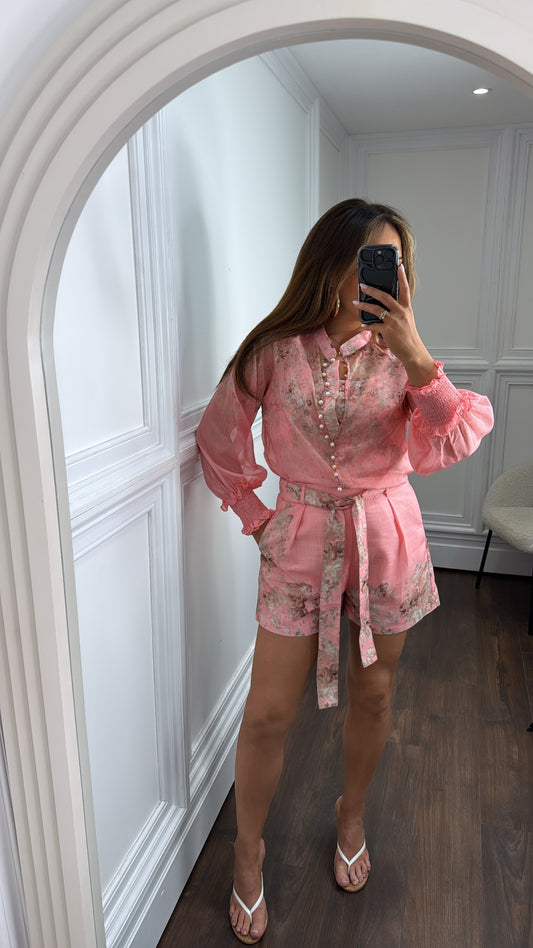 ROXANNE pink floral blouse and shorts co-ord