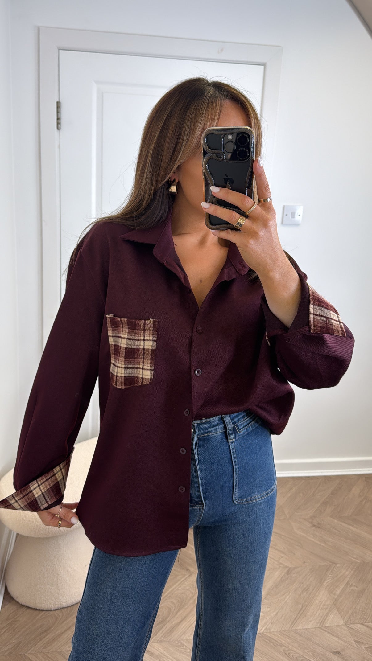 LAUREN burgundy oversize shirt with check pocket