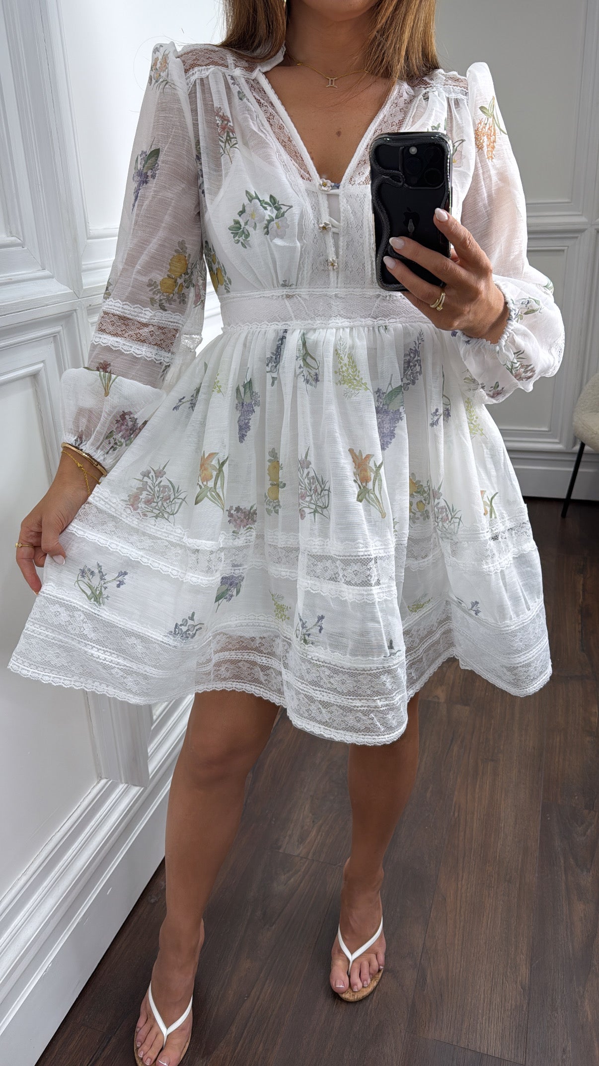 BELLE white botanical lace detail dress