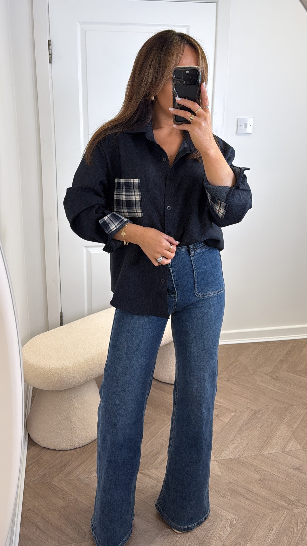 LAUREN navy oversize shirt with check pocket