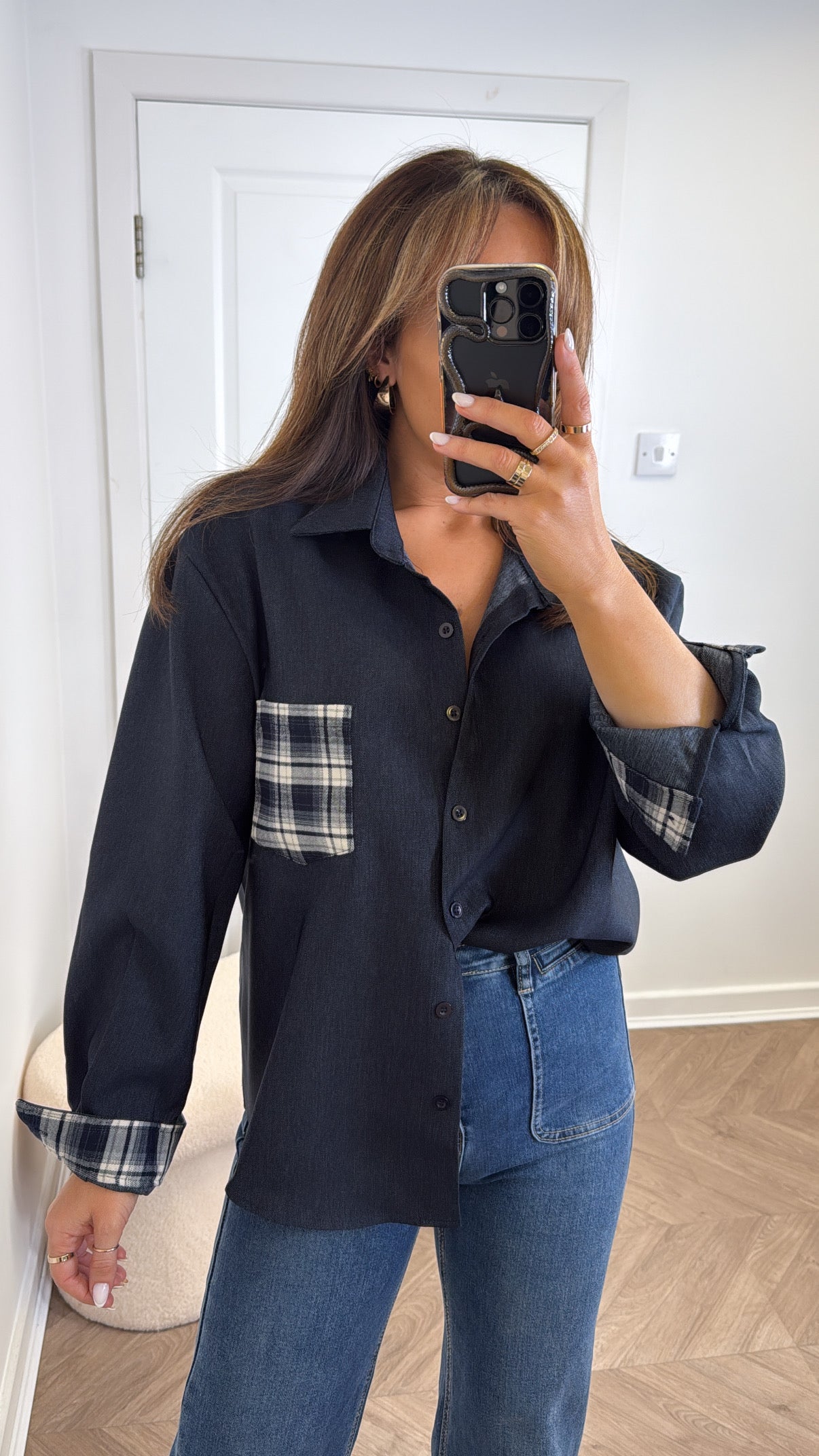 LAUREN navy oversize shirt with check pocket