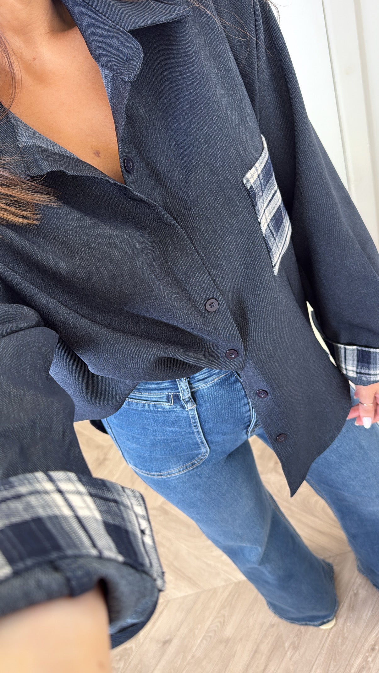 LAUREN navy oversize shirt with check pocket