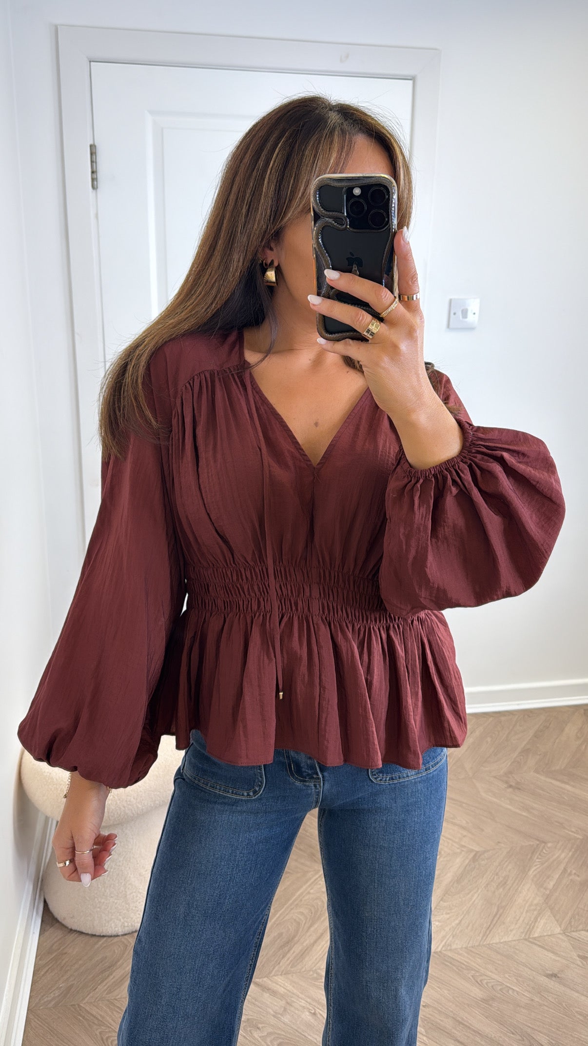 INDIA burgundy shirred waist top