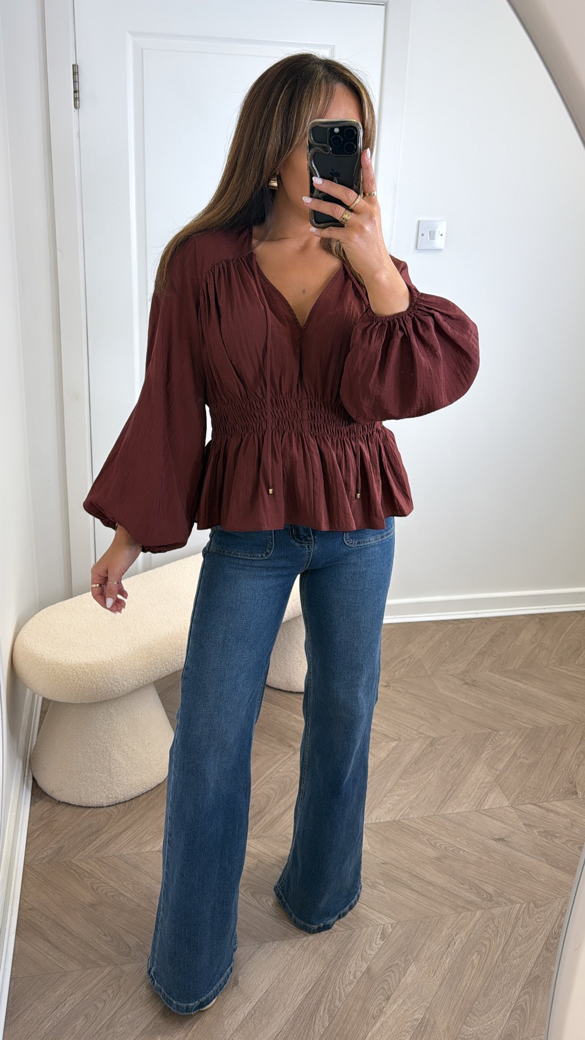 INDIA burgundy shirred waist top