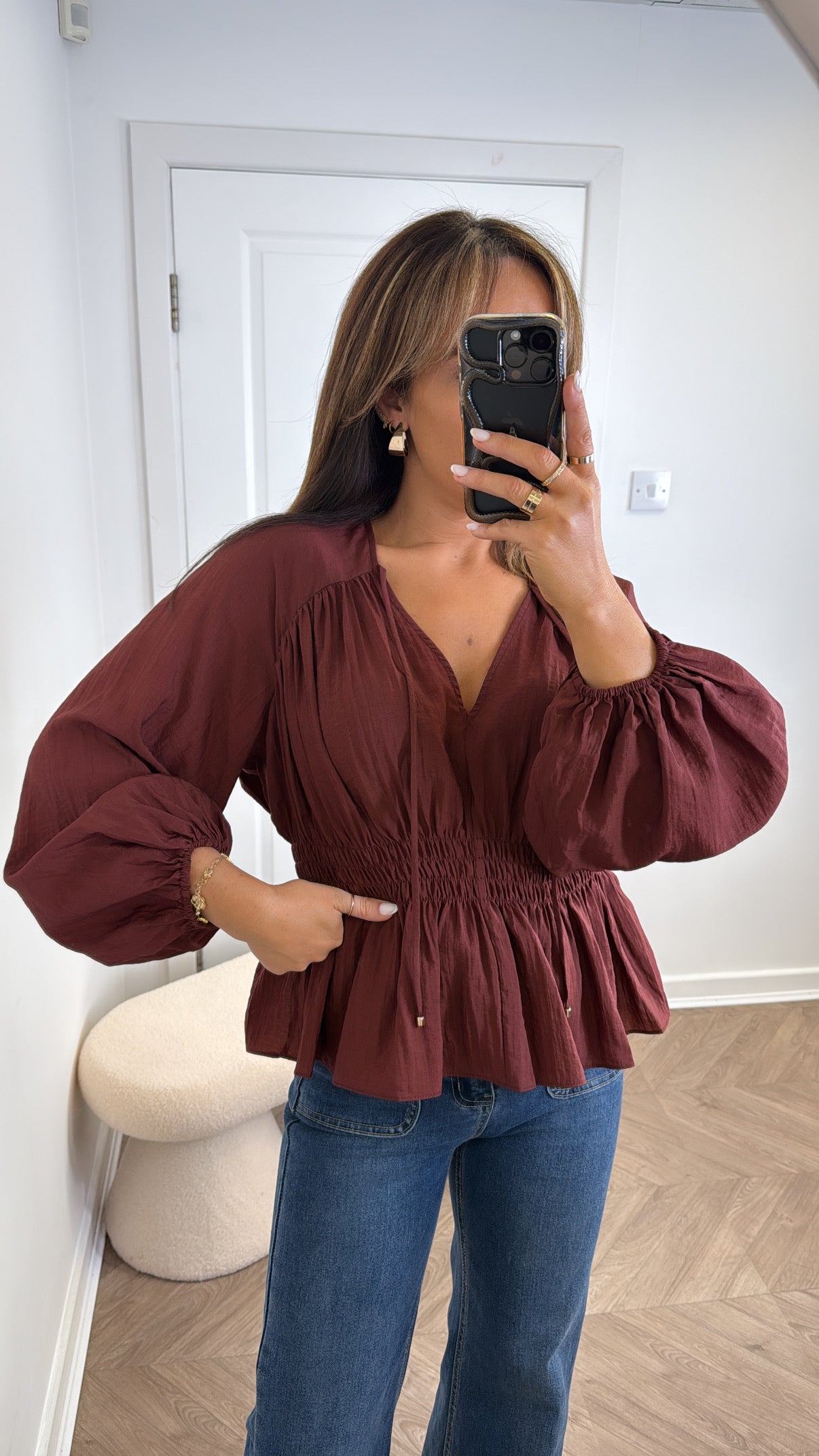 INDIA burgundy shirred waist top