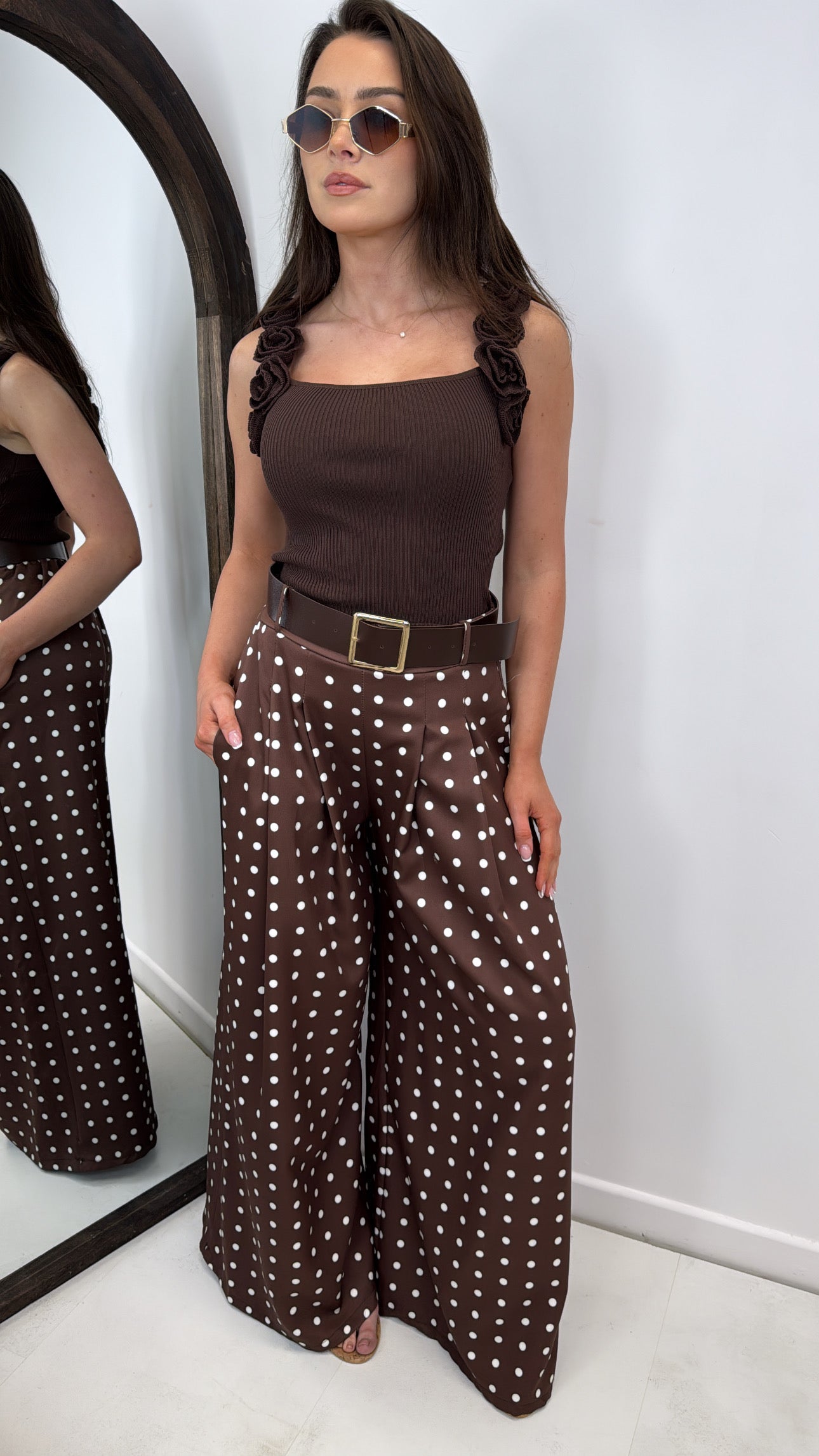 SOFIA brown polka dot belted trousers
