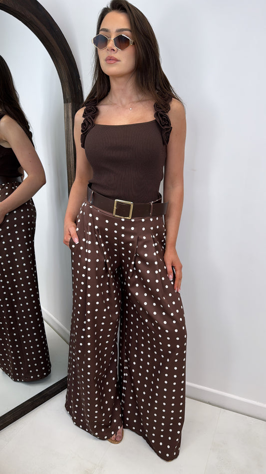 SOFIA brown polka dot belted trousers