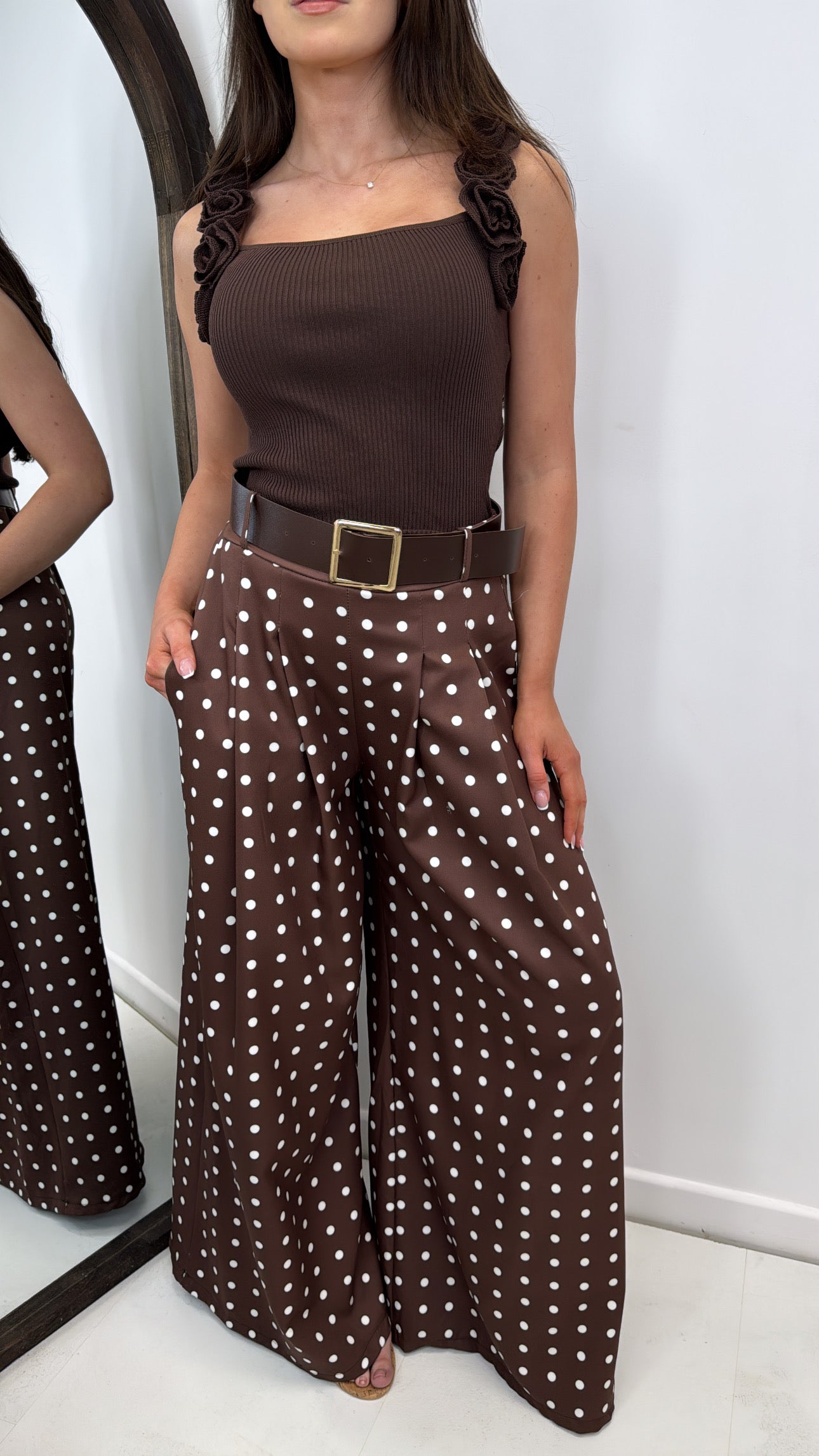 SOFIA brown polka dot belted trousers