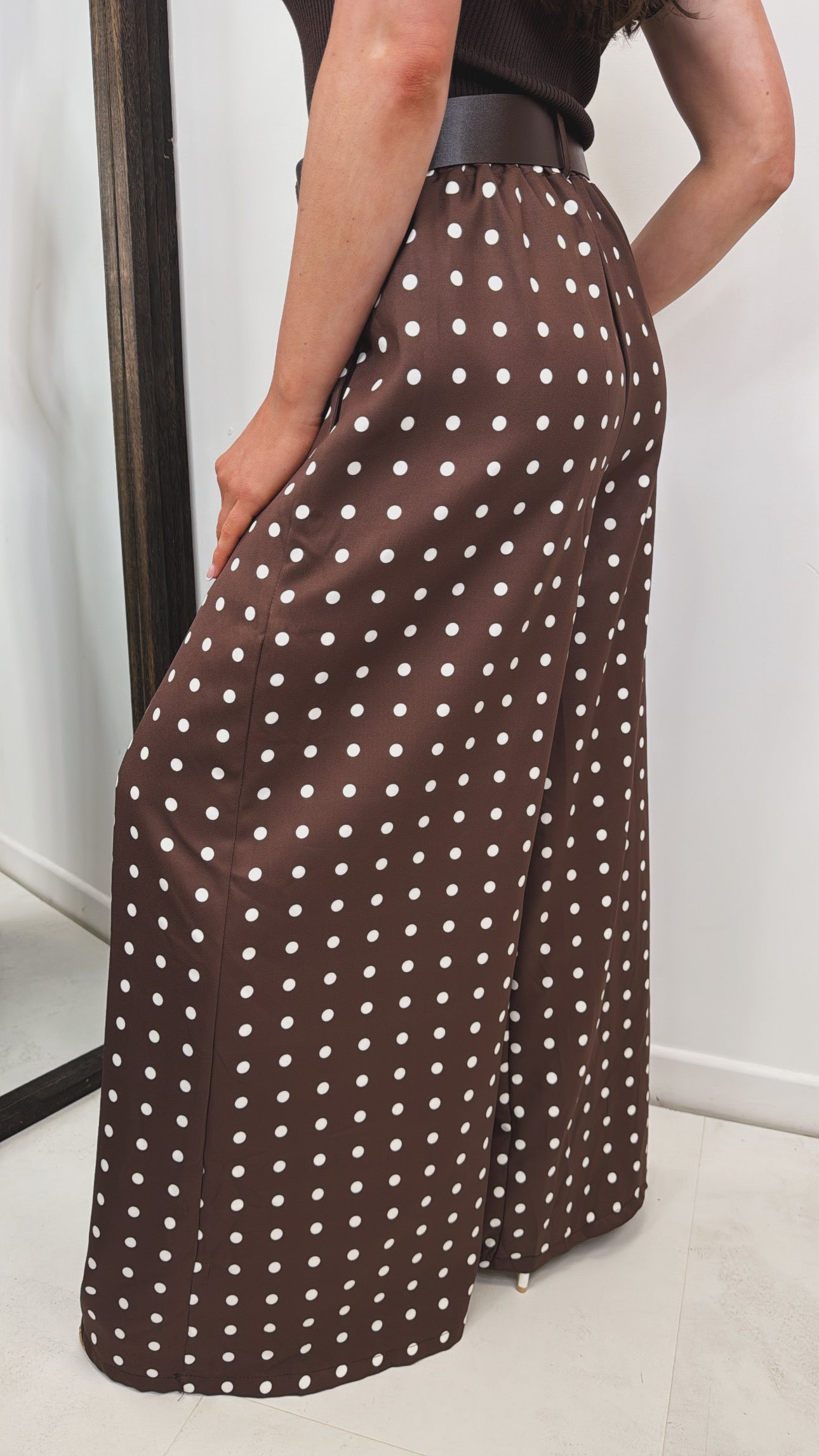 SOFIA brown polka dot belted trousers