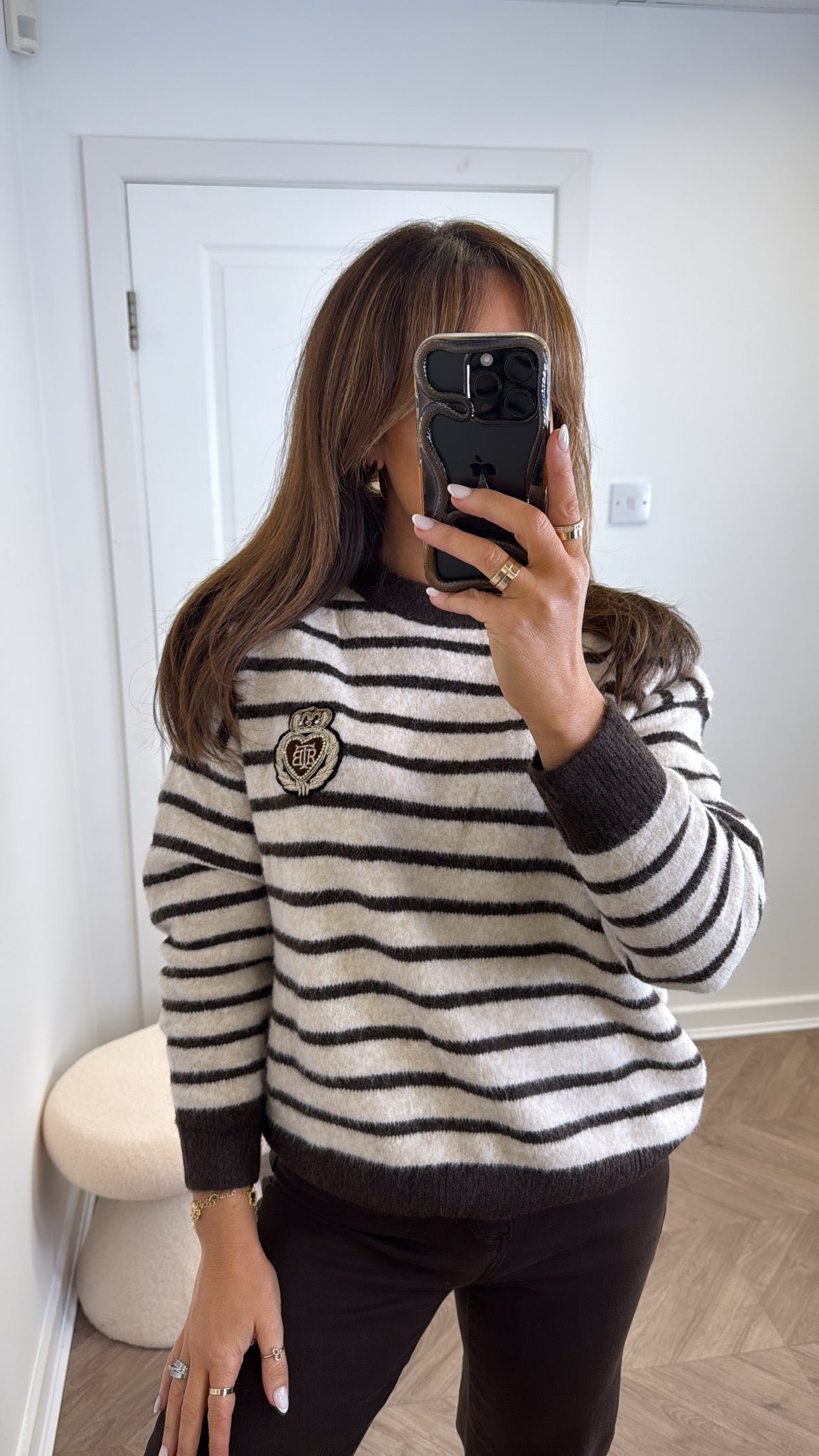 LILY beige striped jumper with embroidered crest logo