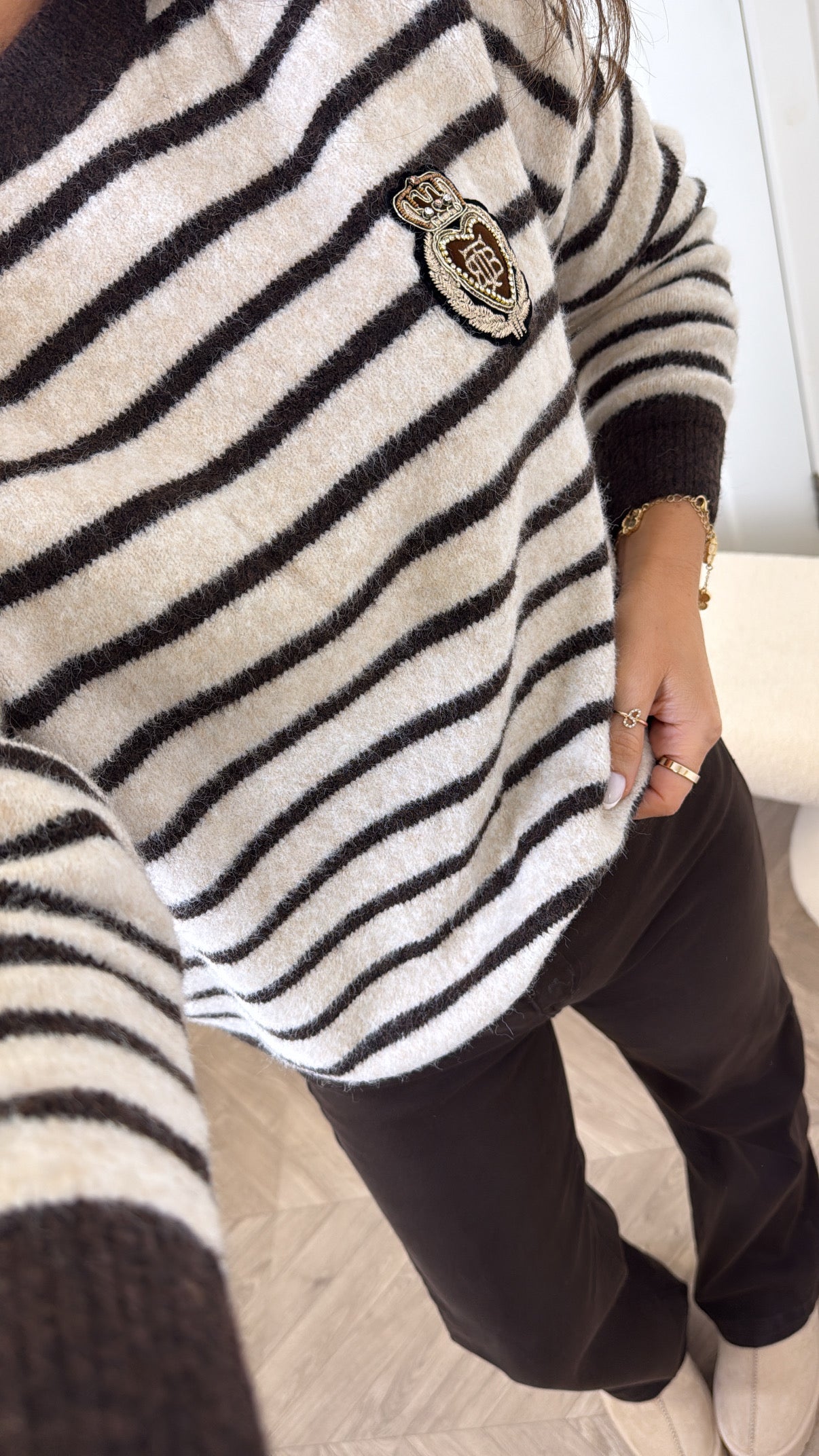 LILY beige striped jumper with embroidered crest logo