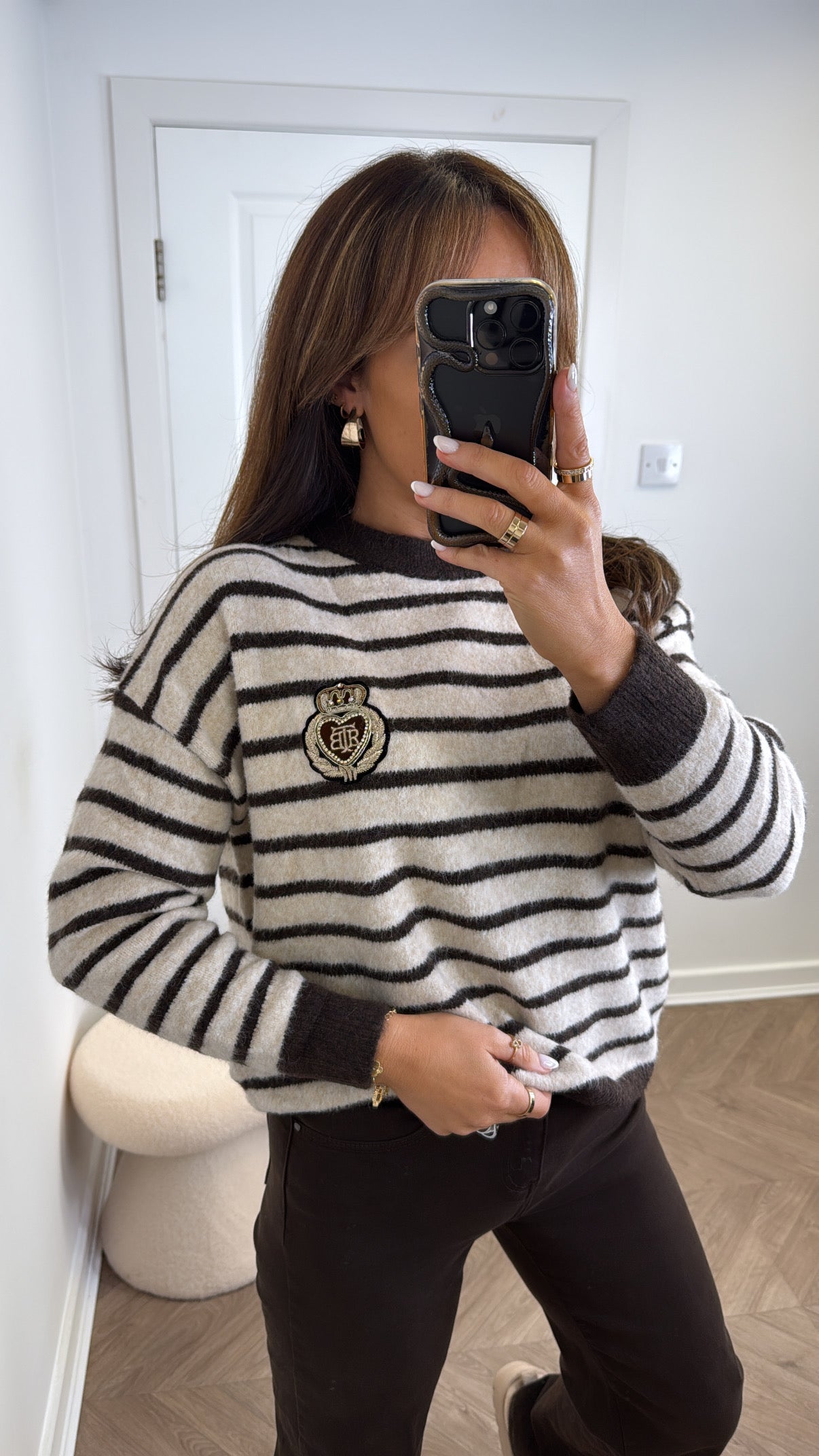 LILY beige striped jumper with embroidered crest logo