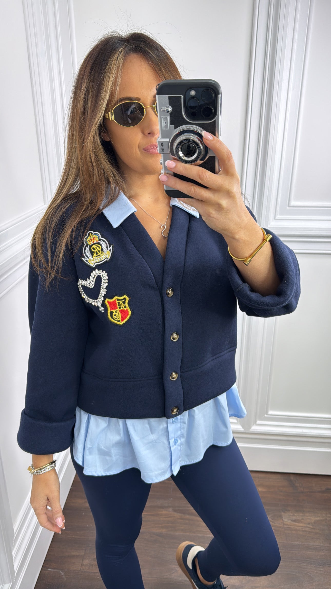 RHEA navy badge cardigan shirt