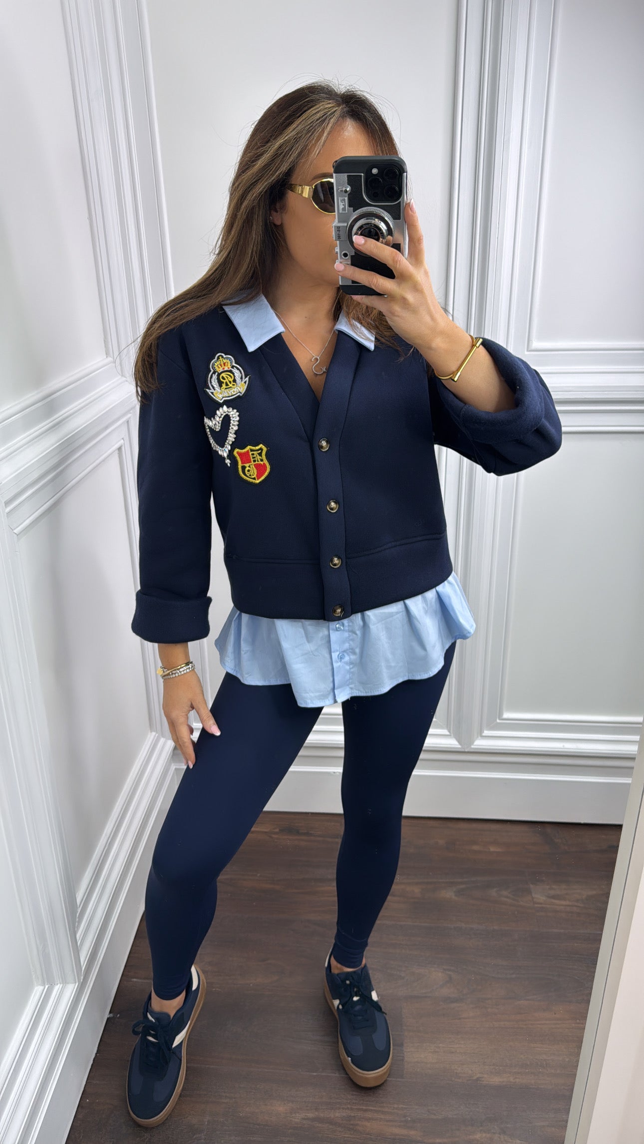 RHEA navy badge cardigan shirt