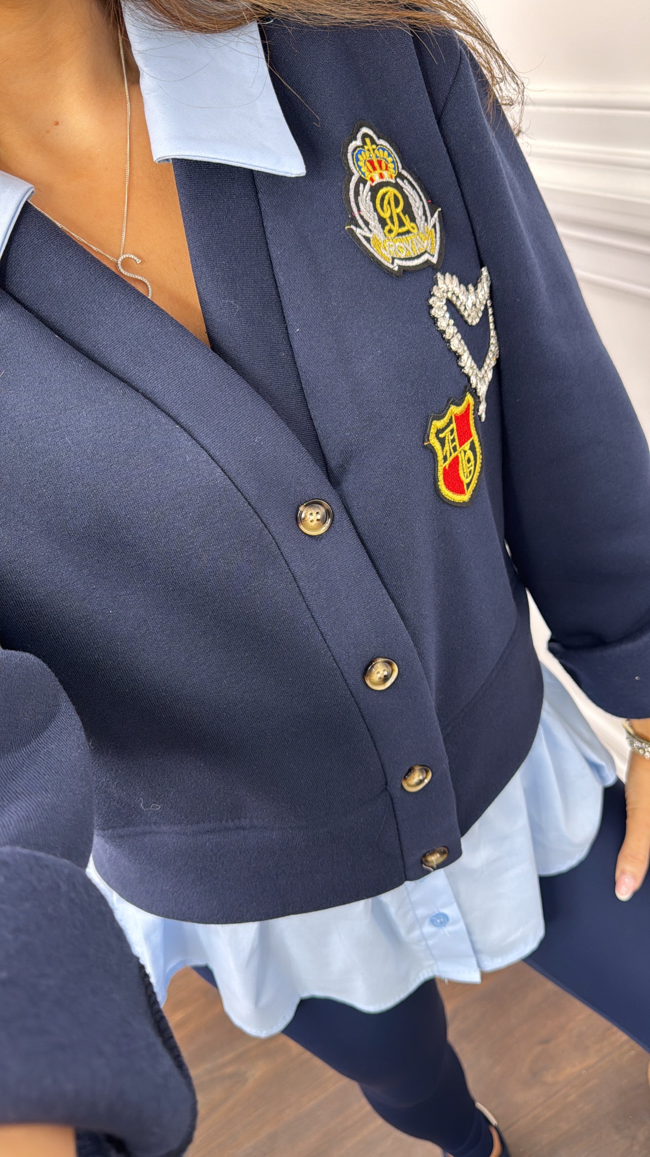 RHEA navy badge cardigan shirt