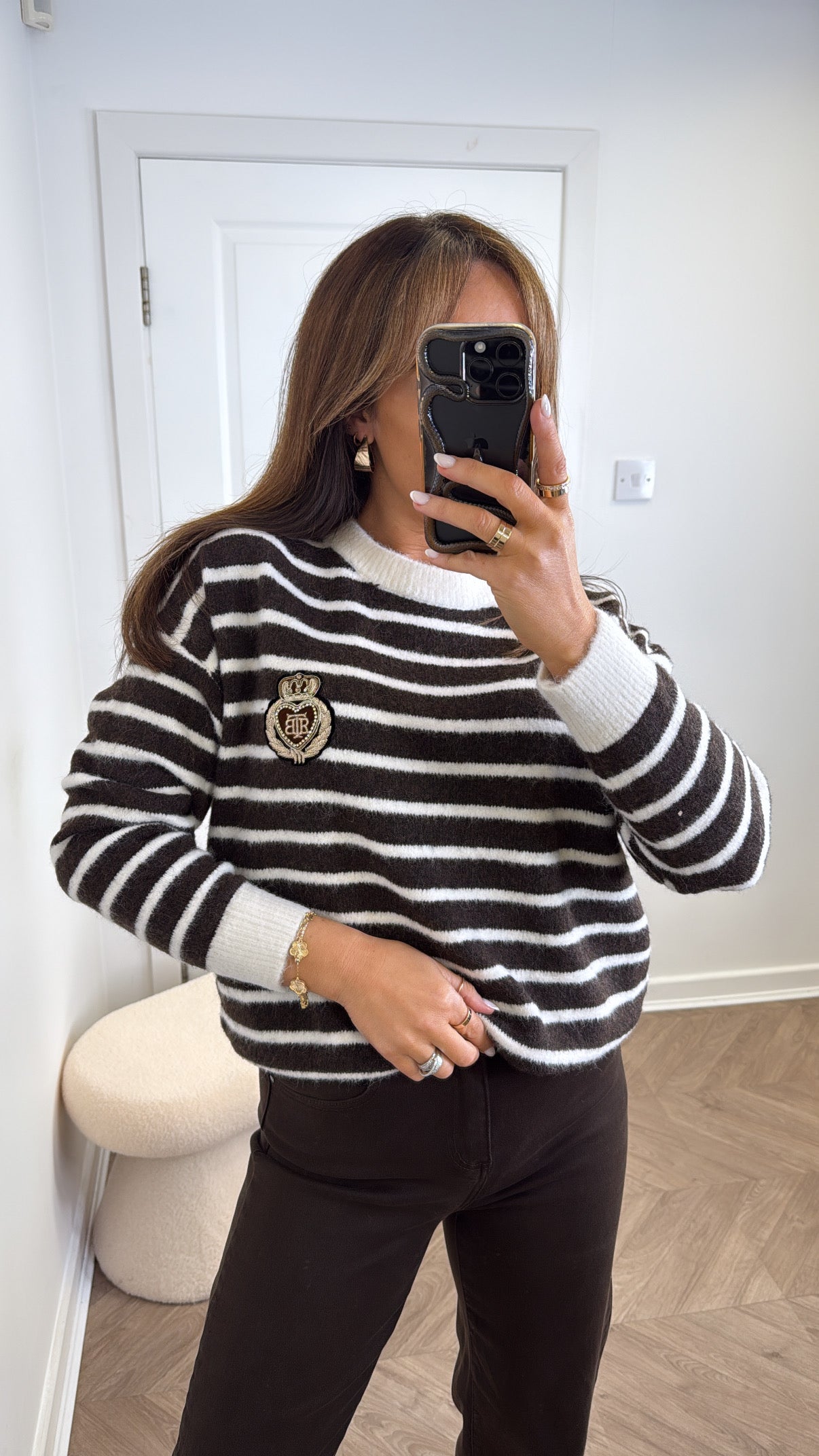 LILY brown striped jumper with embroidered crest logo