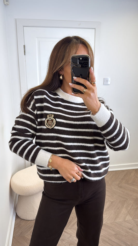 LILY brown striped jumper with embroidered crest logo