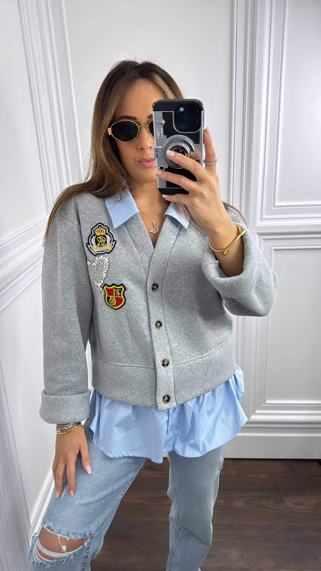 RHEA grey badge cardigan shirt