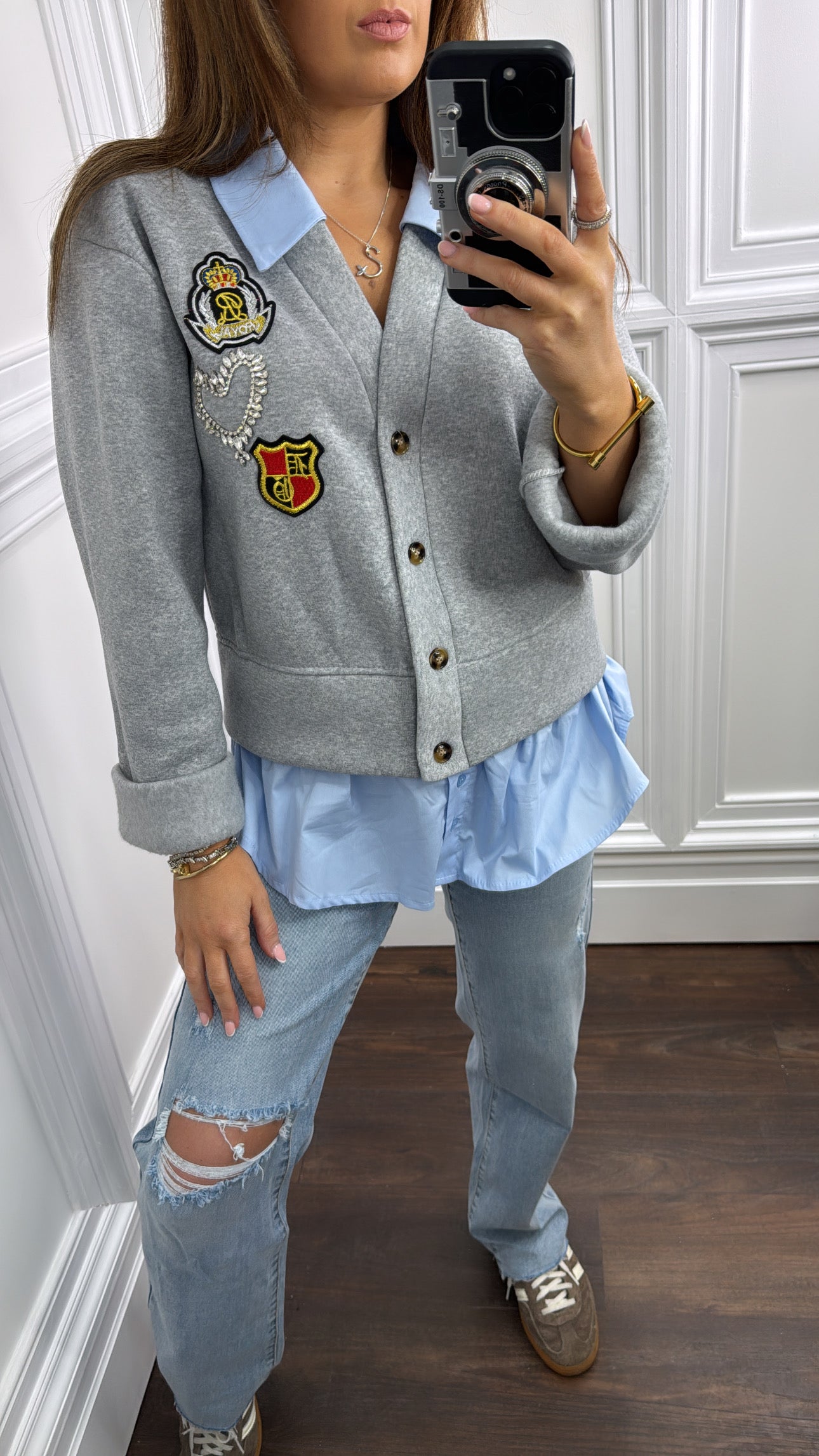 RHEA grey badge cardigan shirt