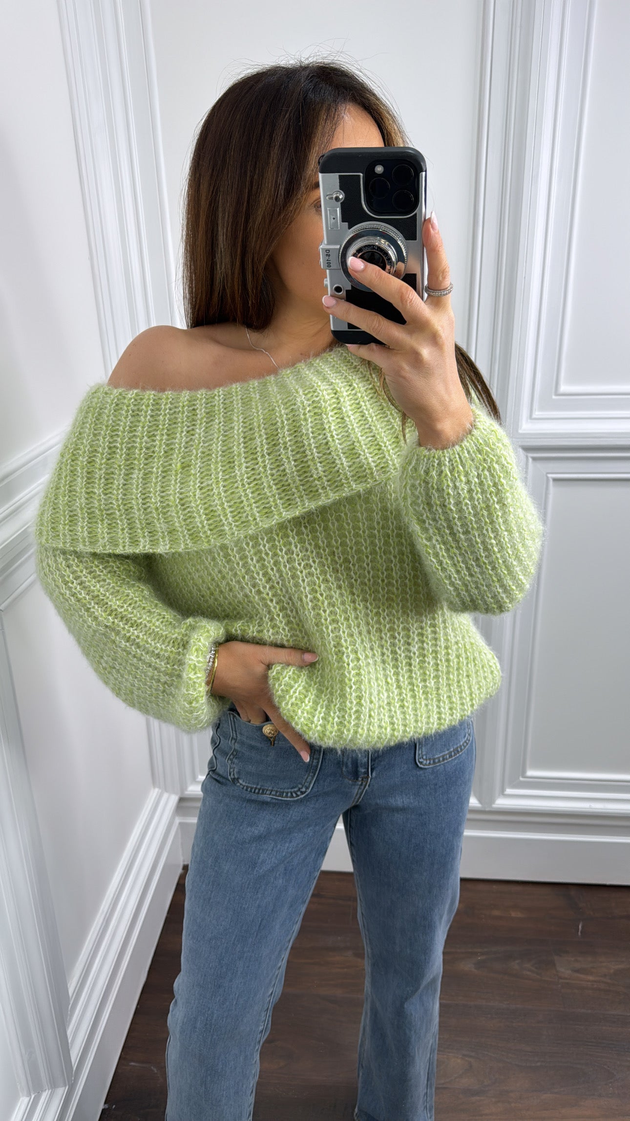 EMILY pastel green off the shoulder fluffy jumper