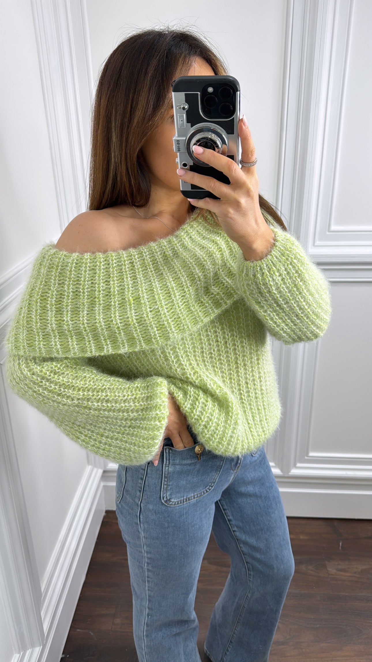 EMILY pastel green off the shoulder fluffy jumper