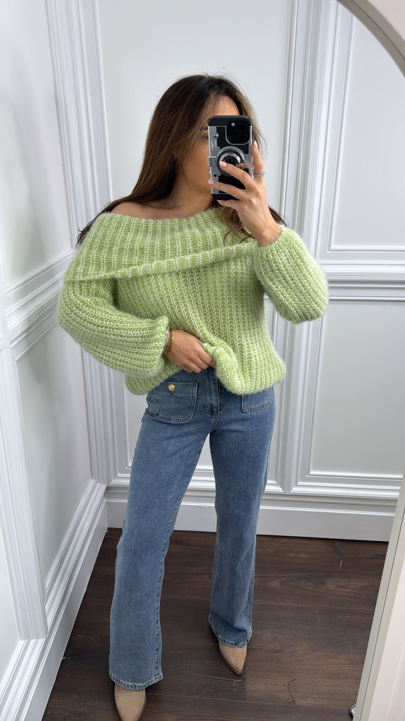 EMILY pastel green off the shoulder fluffy jumper