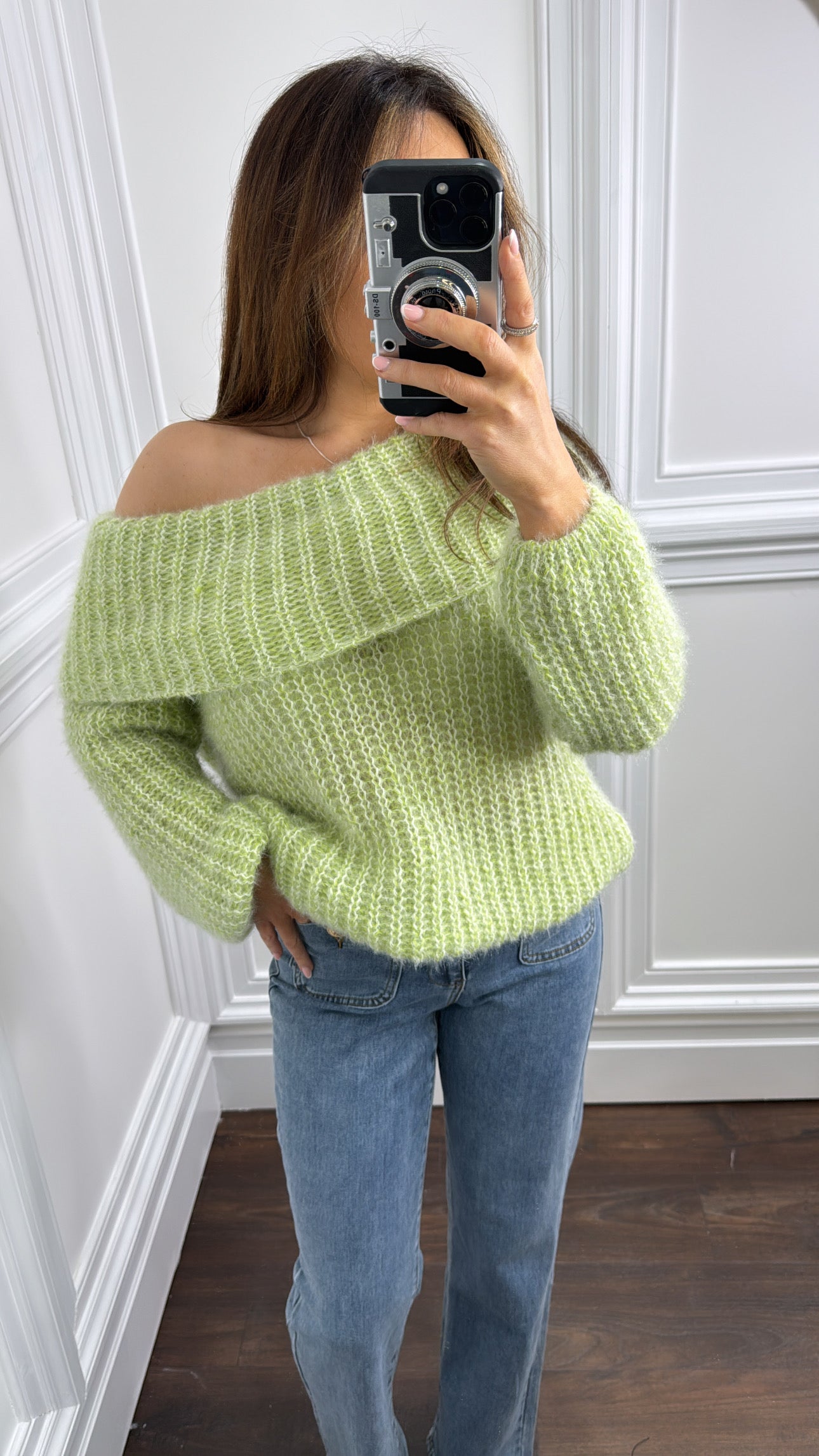 EMILY pastel green off the shoulder fluffy jumper