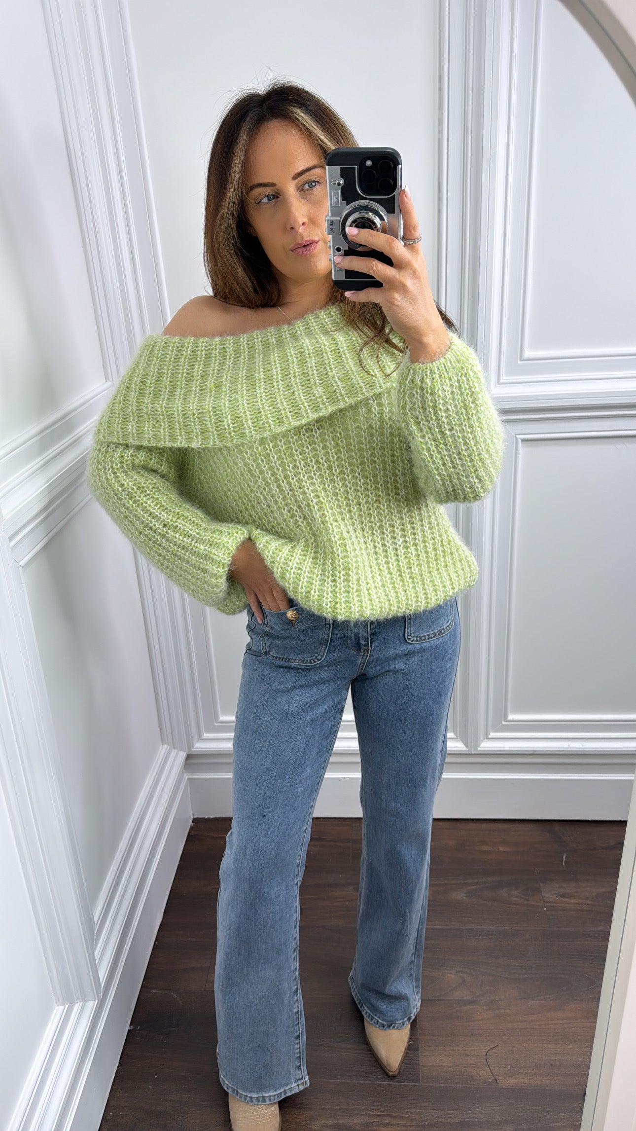 EMILY pastel green off the shoulder fluffy jumper