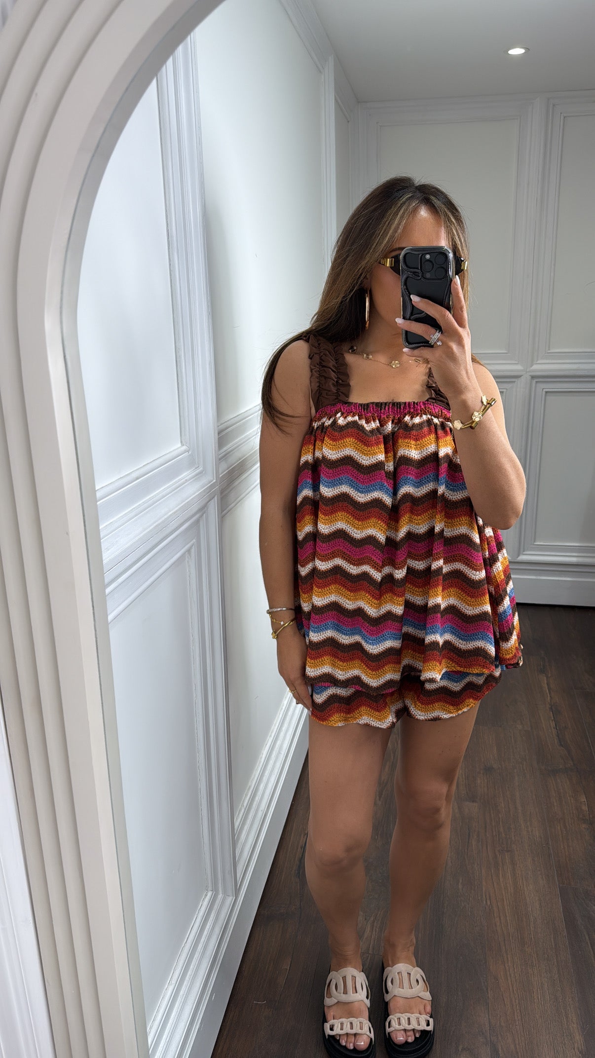 CORA brown zigzag vest top and shorts co-ord