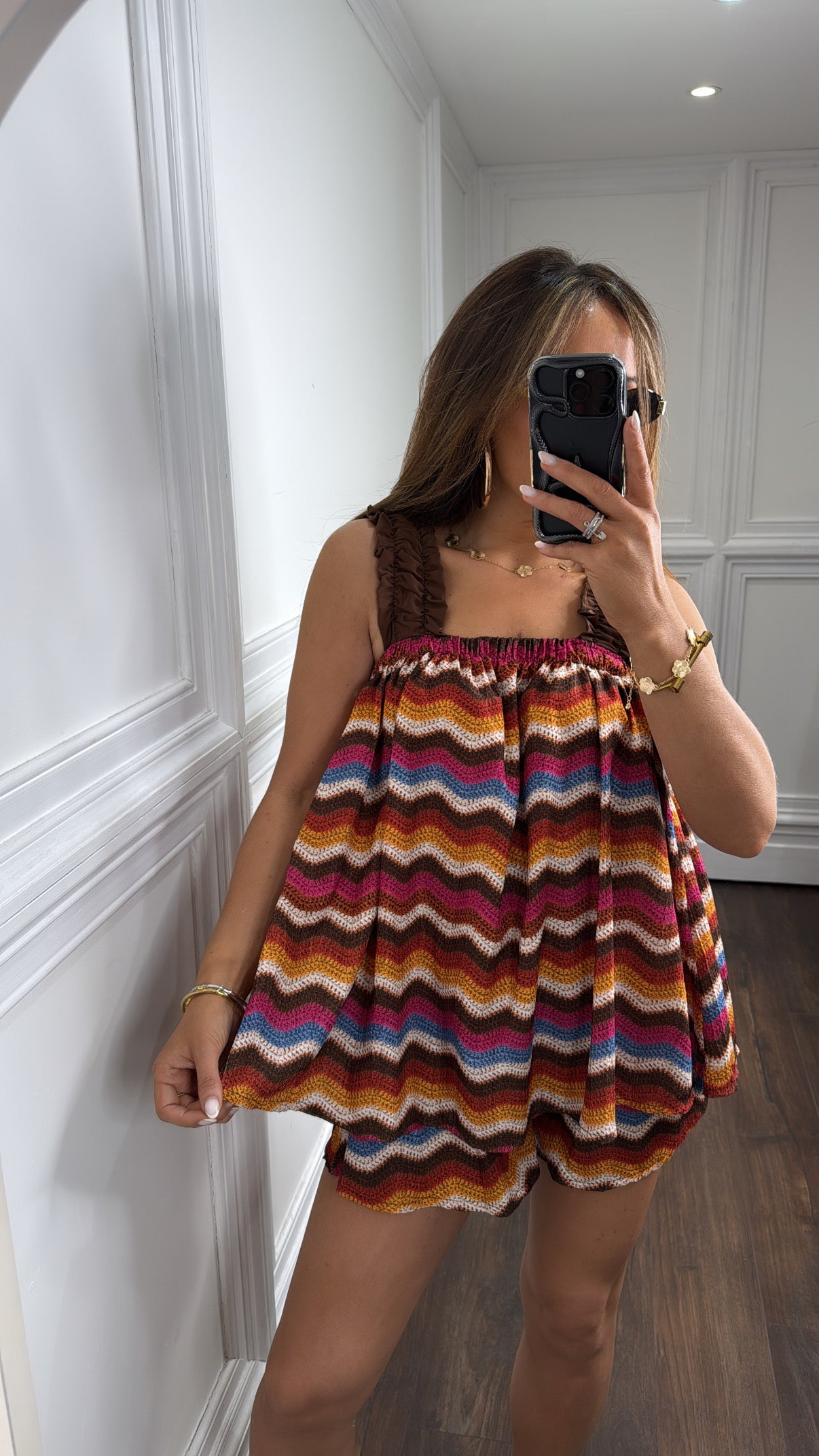 CORA brown zigzag vest top and shorts co-ord