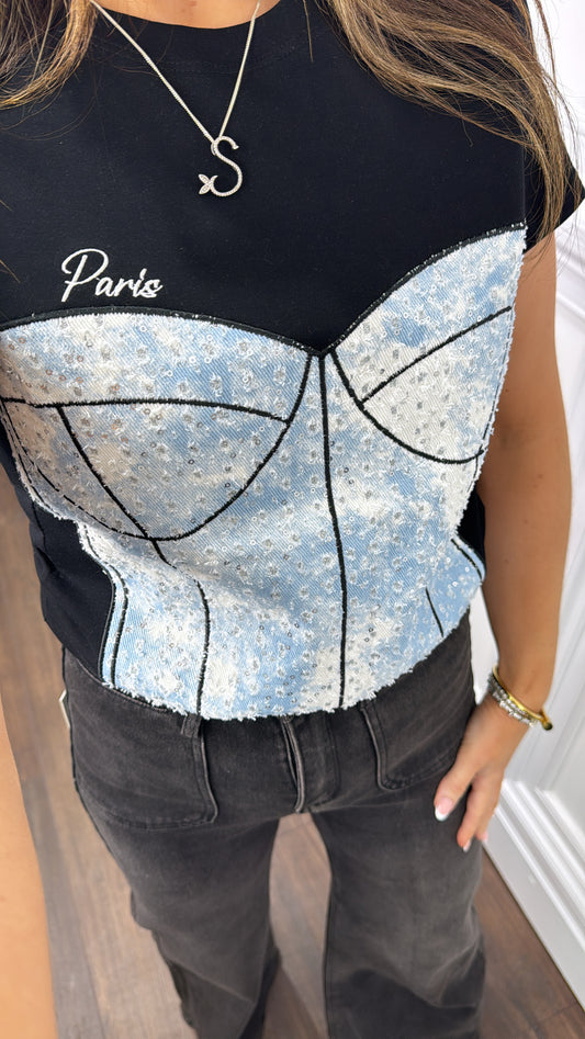 ANNA black corset detail tshirt