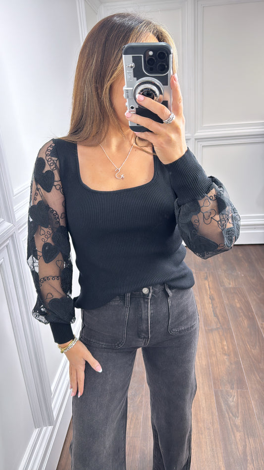 MILA black sheer sleeve top with heart embroidery